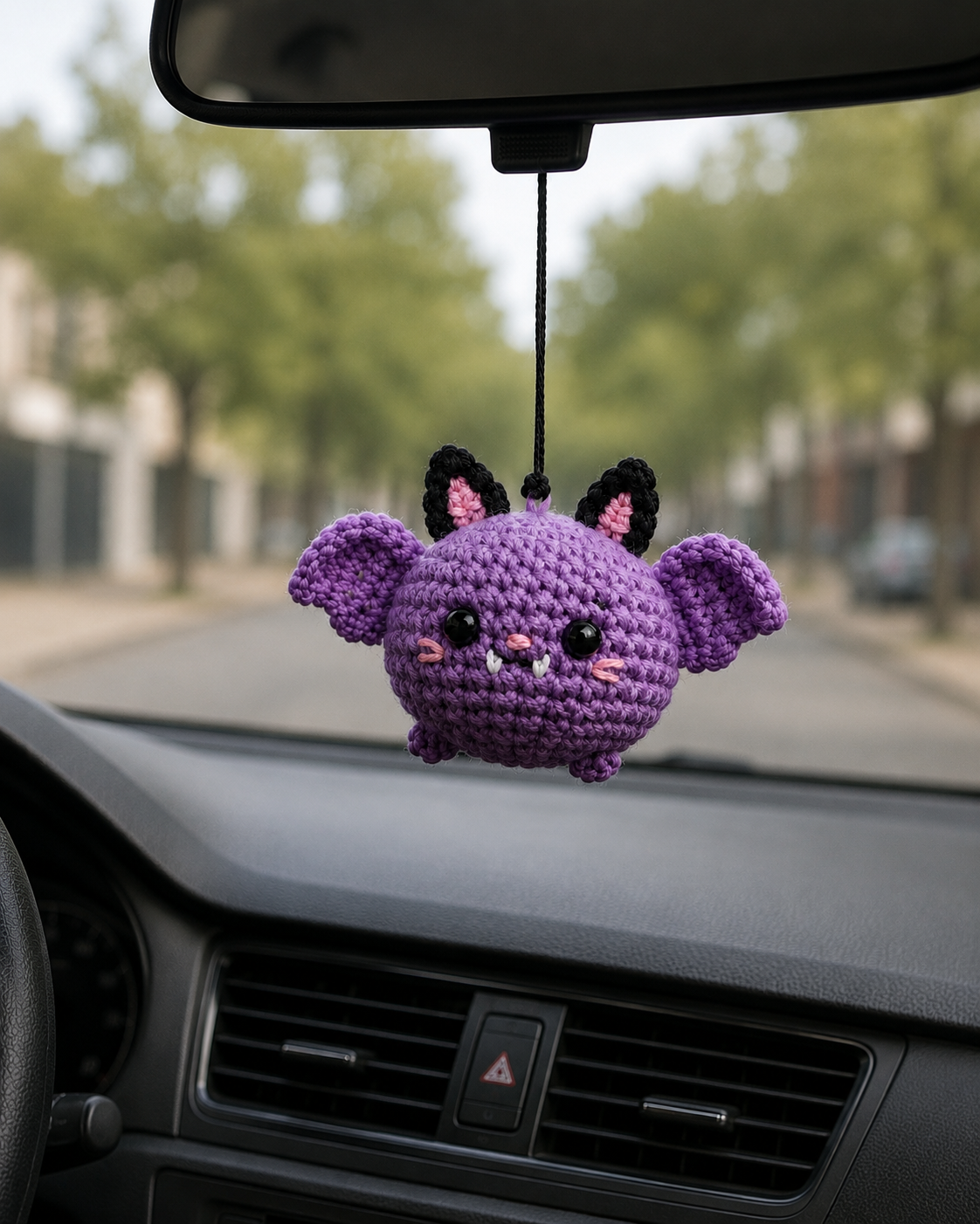 Spooky-Cute Crochet Bat Car Charm Pair | Handmade Amigurumi Halloween Rearview Mirror Accessory