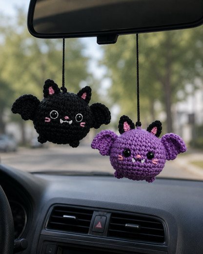 Spooky-Cute Crochet Bat Car Charm Pair | Handmade Amigurumi Halloween Rearview Mirror Accessory