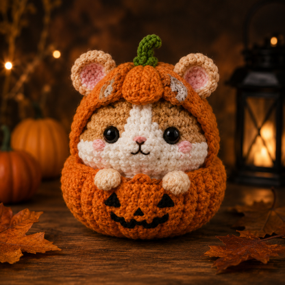 Spooky-Cute Crochet Pumpkin Hamster Plushie | Handmade Amigurumi Halloween Stuffed Animal