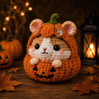 Spooky-Cute Crochet Pumpkin Hamster Plushie | Handmade Amigurumi Halloween Stuffed Animal