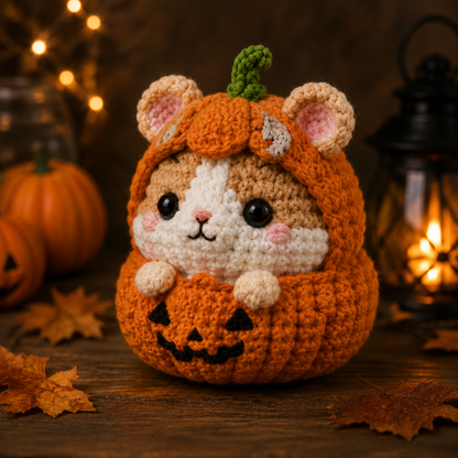 Spooky-Cute Crochet Pumpkin Hamster Plushie | Handmade Amigurumi Halloween Stuffed Animal