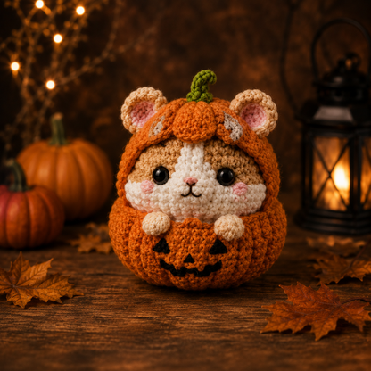 Spooky-Cute Crochet Pumpkin Hamster Plushie | Handmade Amigurumi Halloween Stuffed Animal