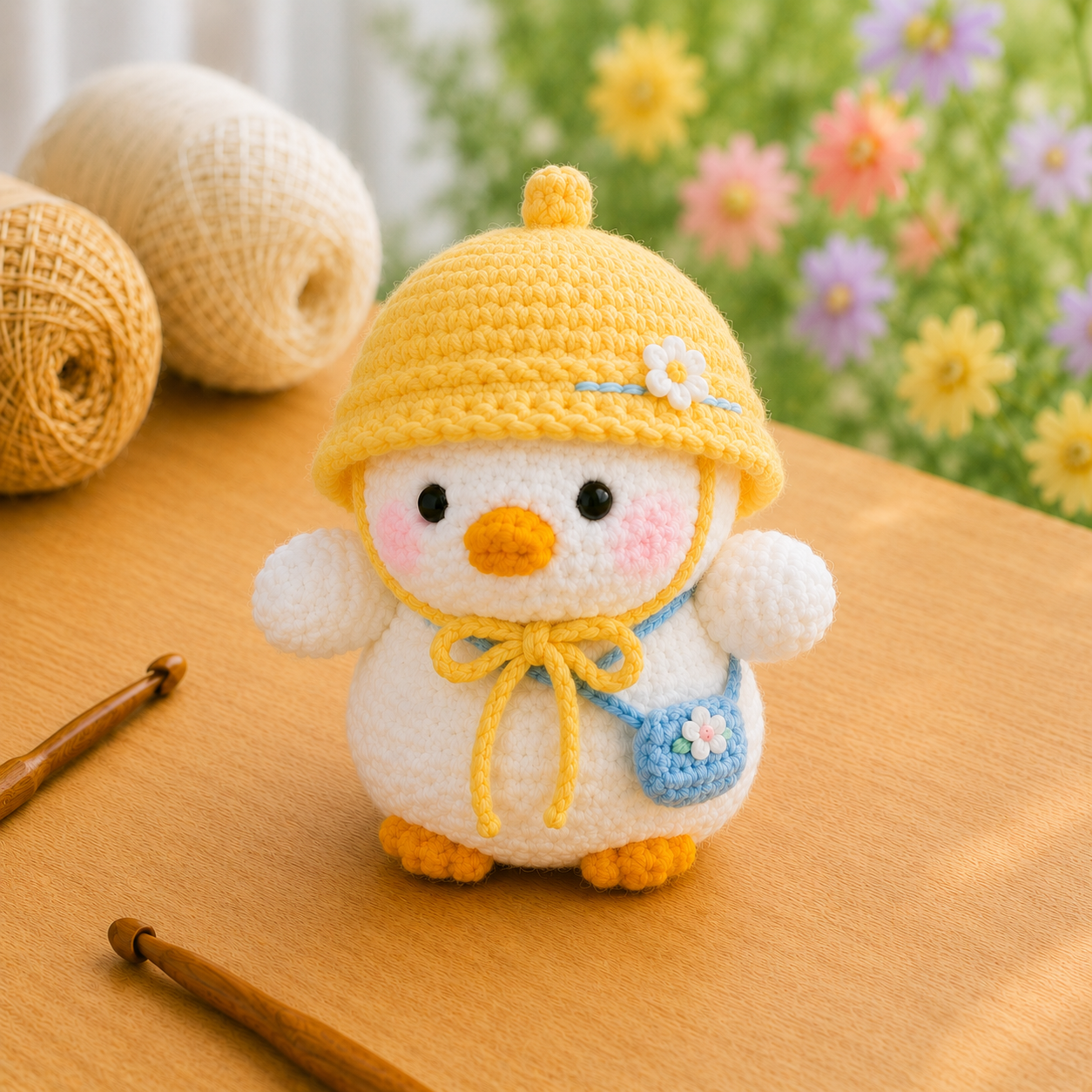 Handmade Crochet Duckling in Hat with Bag Plushie | Soft Milk Cotton Amigurumi Stuffed Animal
