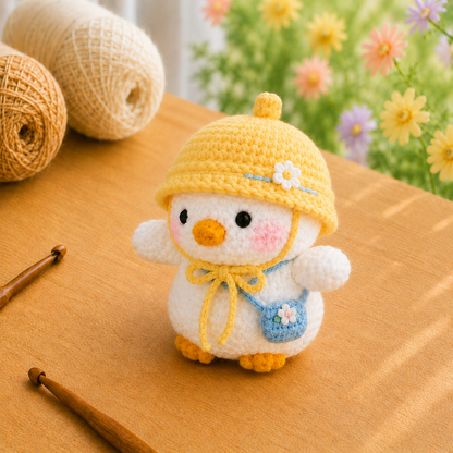 Handmade Crochet Duckling in Hat with Bag Plushie | Soft Milk Cotton Amigurumi Stuffed Animal