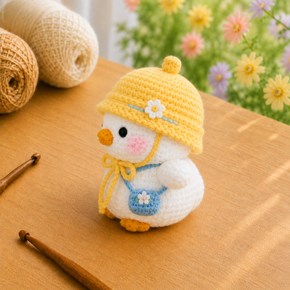 Handmade Crochet Duckling in Hat with Bag Plushie | Soft Milk Cotton Amigurumi Stuffed Animal