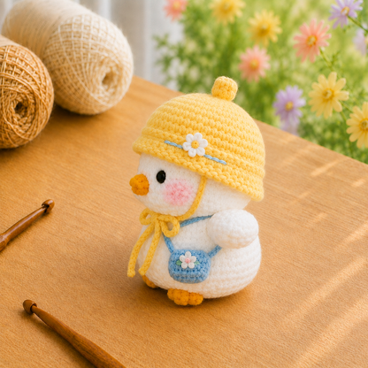Handmade Crochet Duckling in Hat with Bag Plushie | Soft Milk Cotton Amigurumi Stuffed Animal