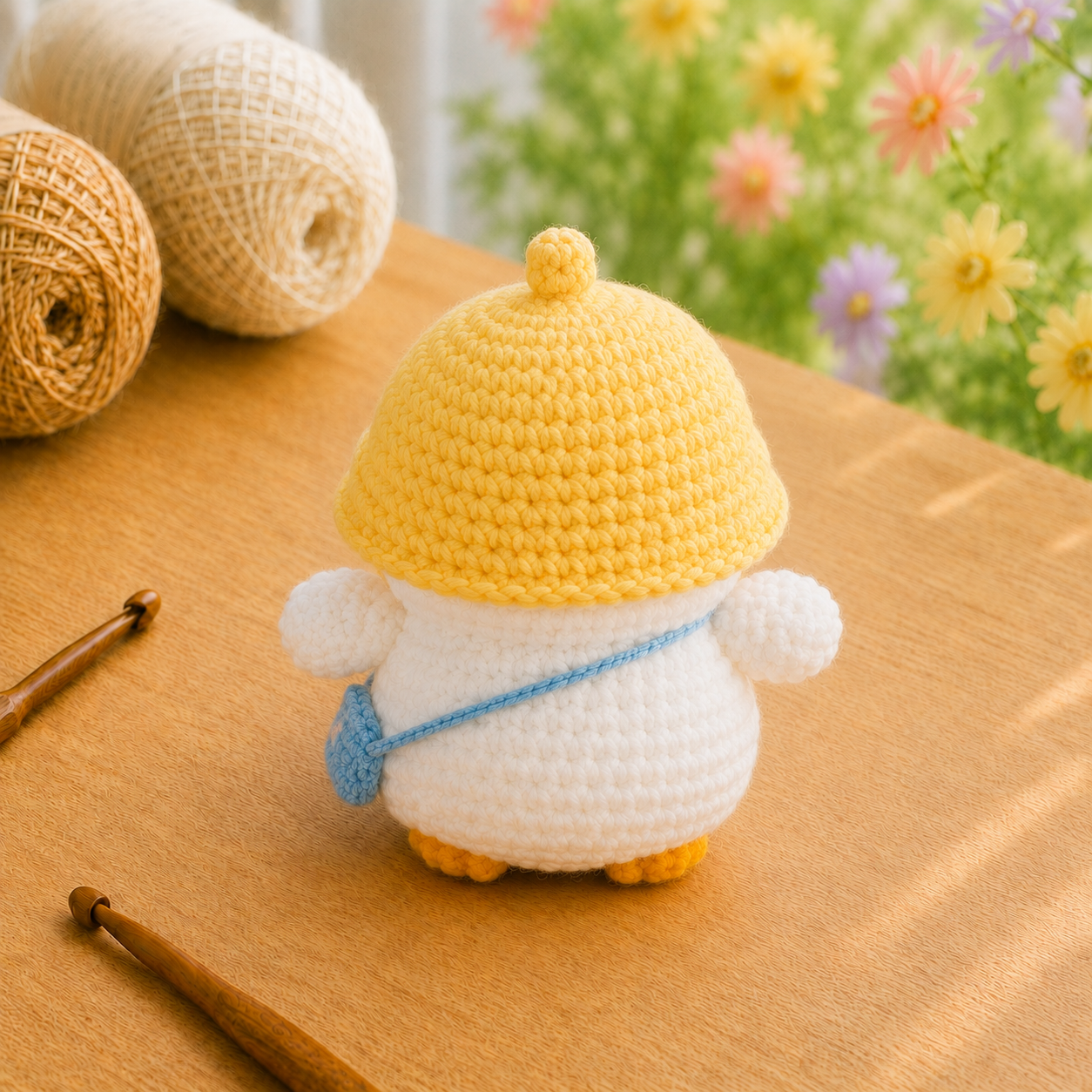 Handmade Crochet Duckling in Hat with Bag Plushie | Soft Milk Cotton Amigurumi Stuffed Animal