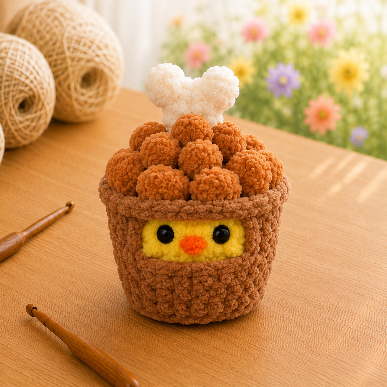 Handmade Crochet Chick in Fried Chicken Costume Keychain | Adorable Bag Charm