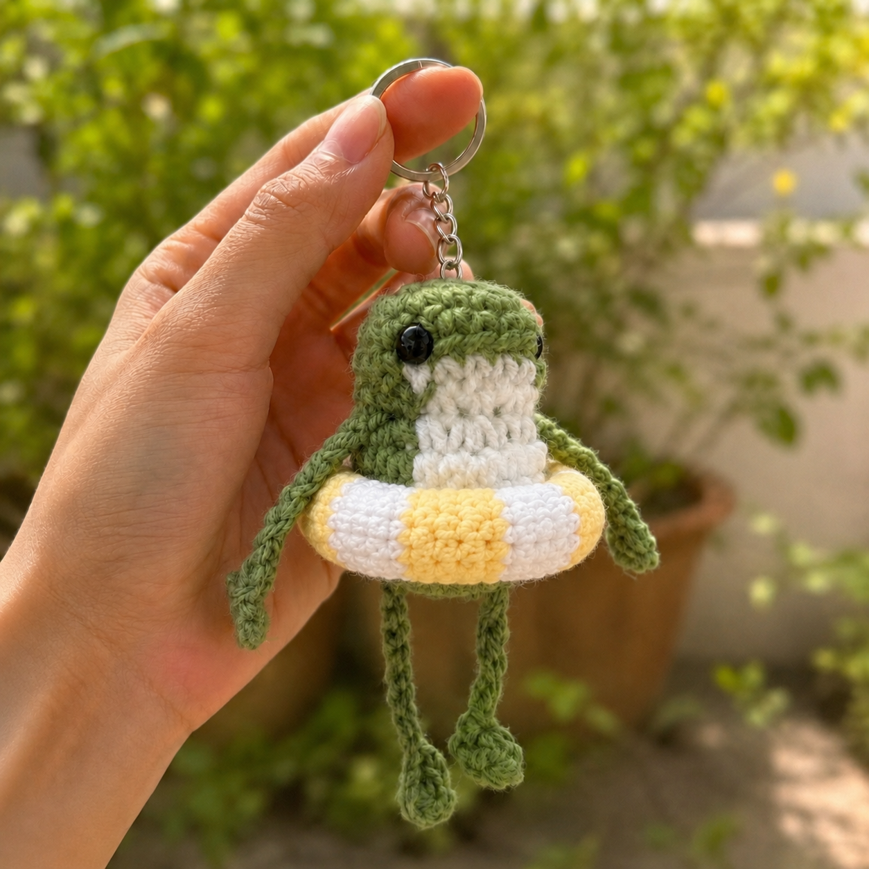 Handmade Crochet Frog with Swim Ring Keychain | Adorable Summer Bag Charm