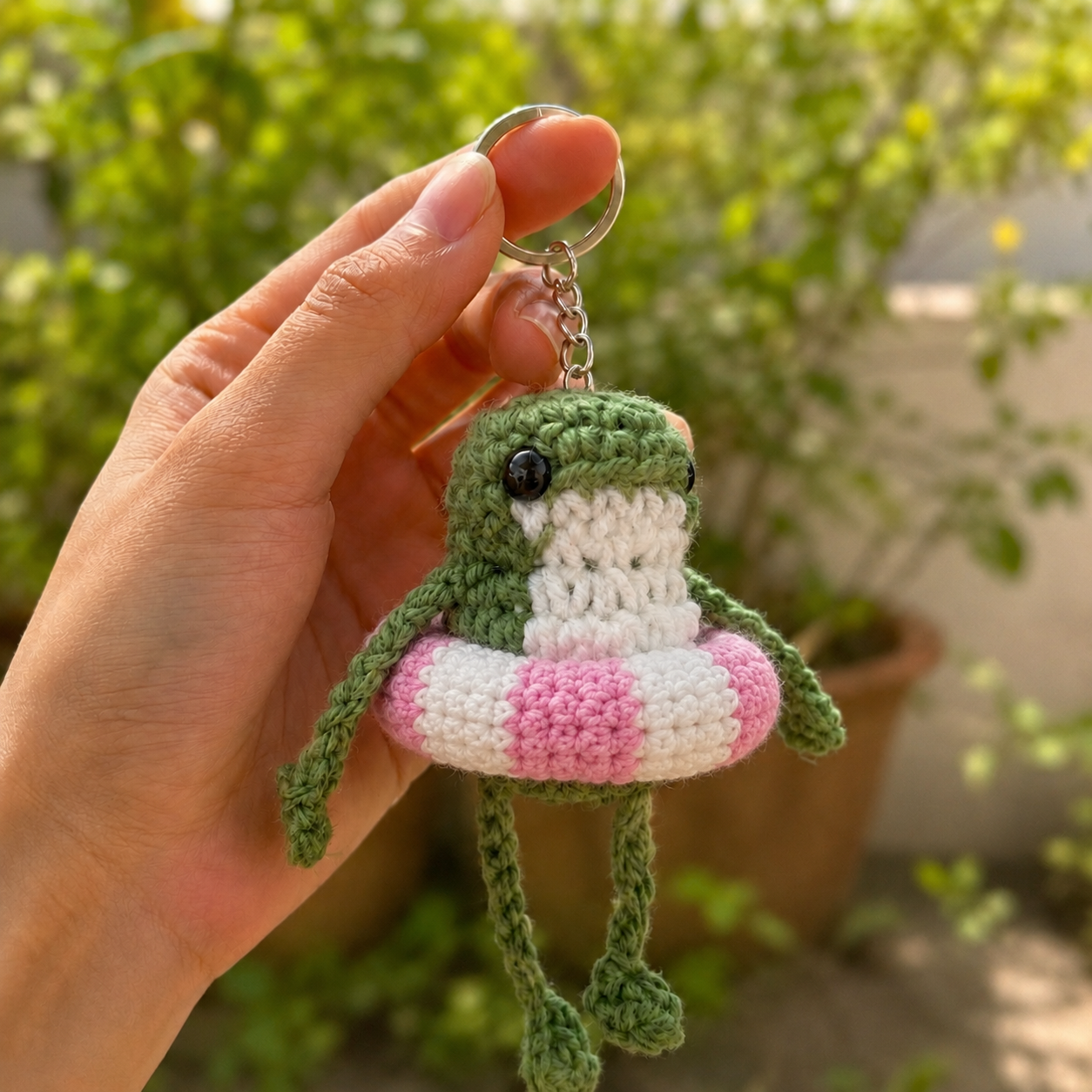 Handmade Crochet Frog with Swim Ring Keychain | Adorable Summer Bag Charm