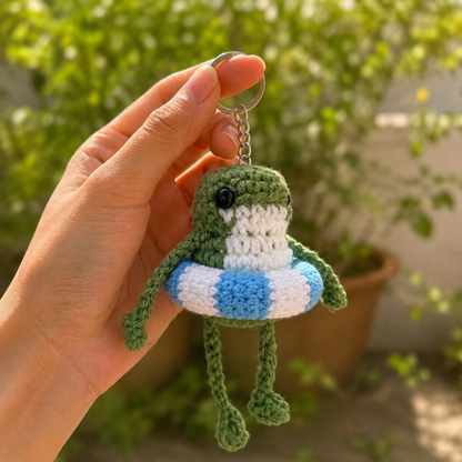 Handmade Crochet Frog with Swim Ring Keychain | Adorable Summer Bag Charm