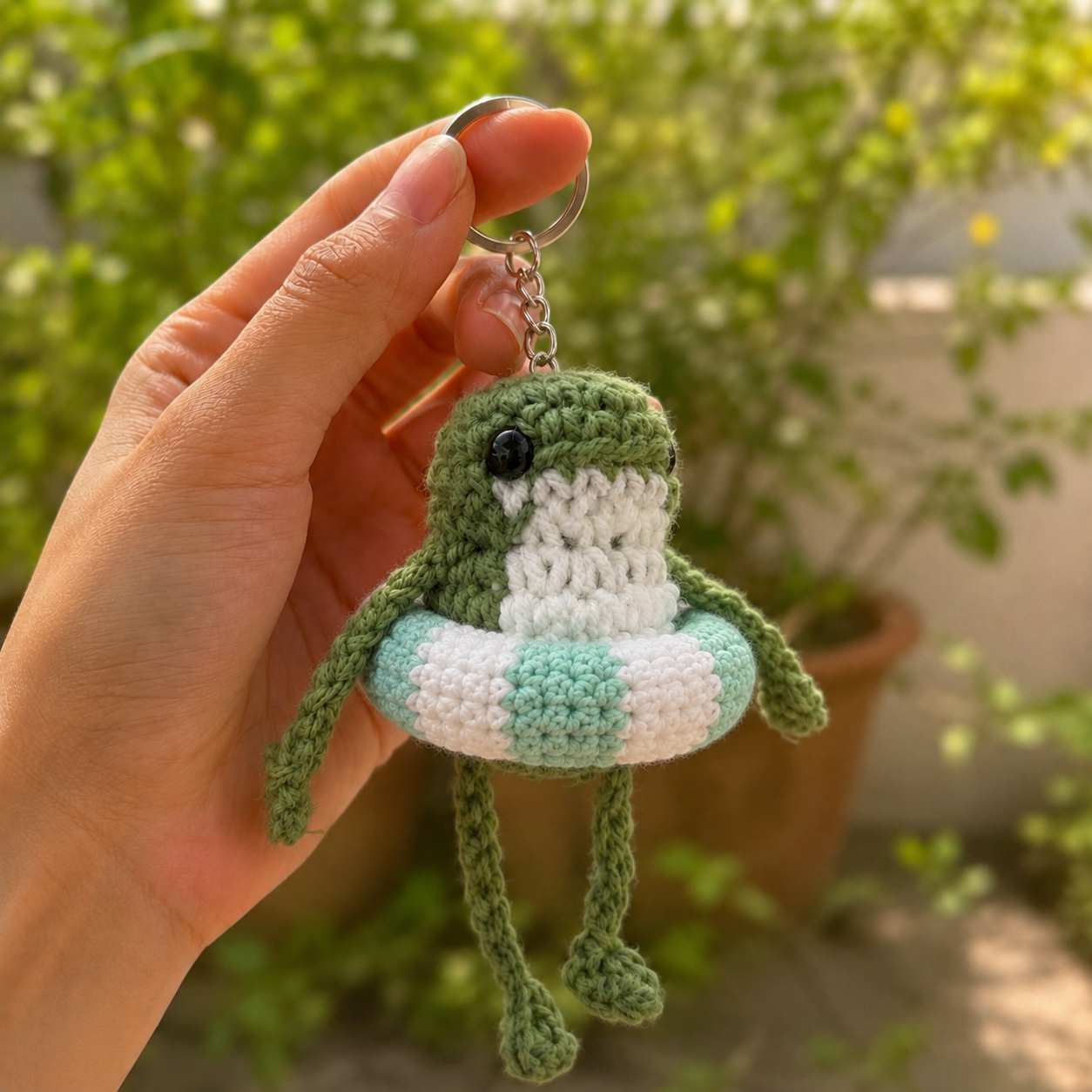 Handmade Crochet Frog with Swim Ring Keychain | Adorable Summer Bag Charm