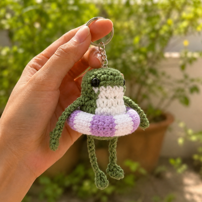Handmade Crochet Frog with Swim Ring Keychain | Adorable Summer Bag Charm