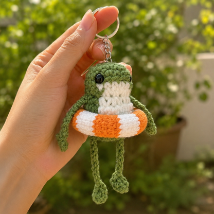 Handmade Crochet Frog with Swim Ring Keychain | Adorable Summer Bag Charm