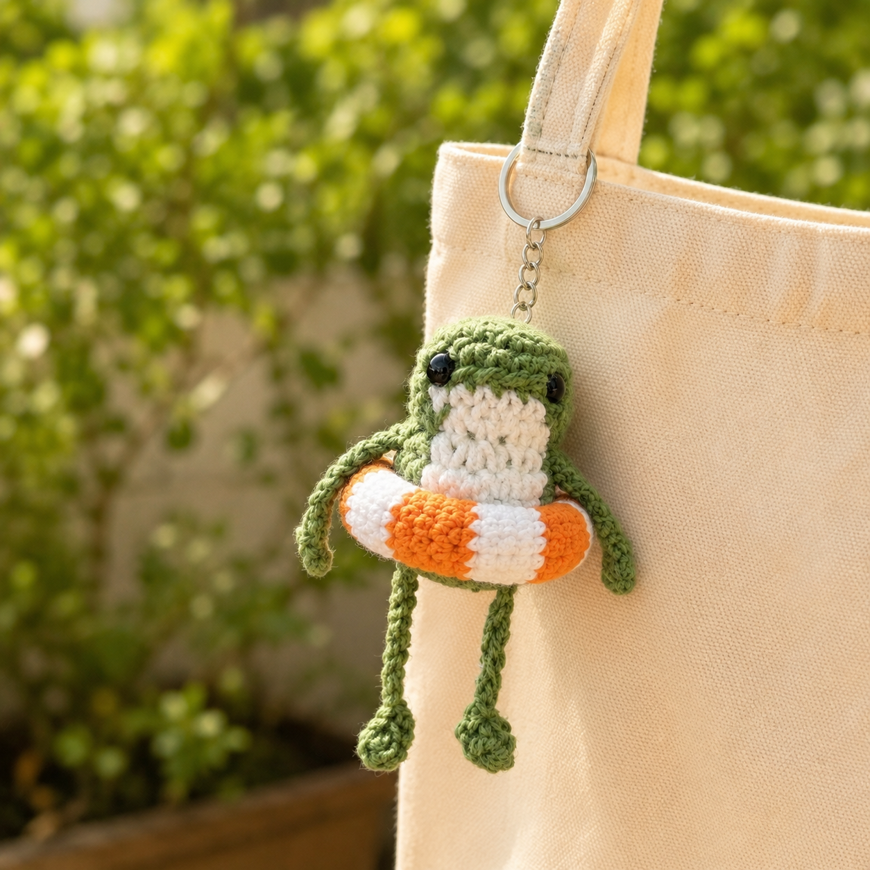 Handmade Crochet Frog with Swim Ring Keychain | Adorable Summer Bag Charm