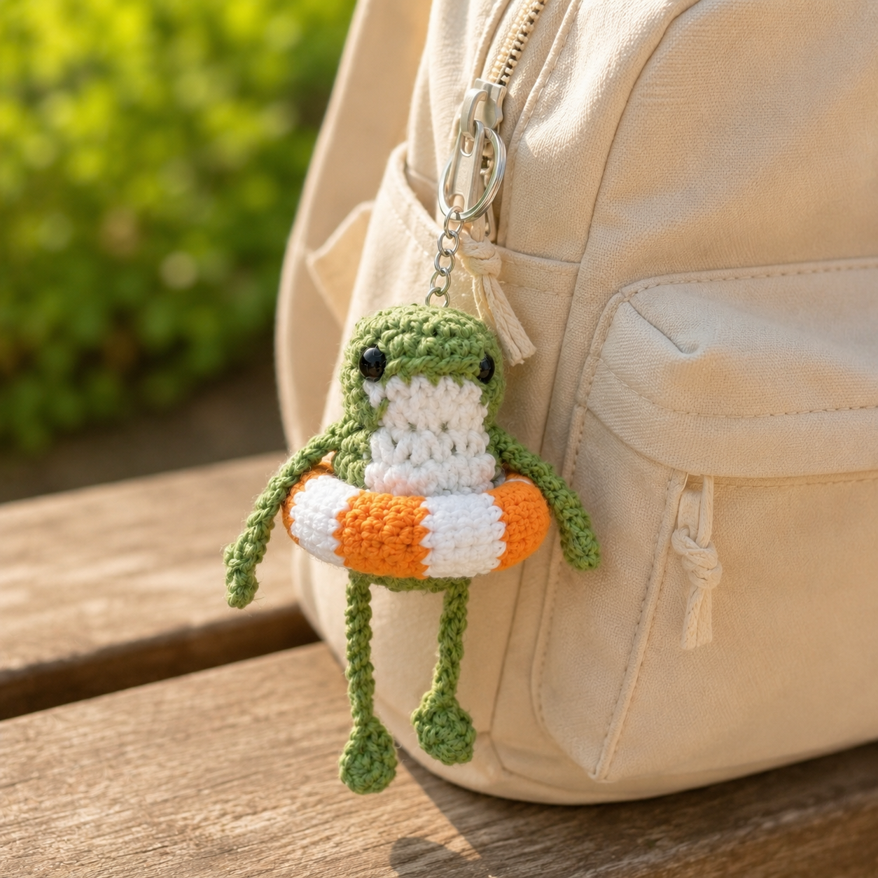 Handmade Crochet Frog with Swim Ring Keychain | Adorable Summer Bag Charm