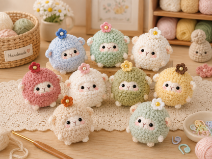 Handmade Crochet Fluffy Sheep with Flower Plushie Collection | Soft Velvet Amigurumi Stuffed Animal Set
