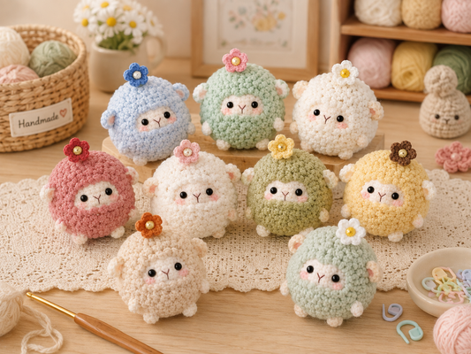 Handmade Crochet Fluffy Sheep with Flower Plushie Collection | Soft Velvet Amigurumi Stuffed Animal Set