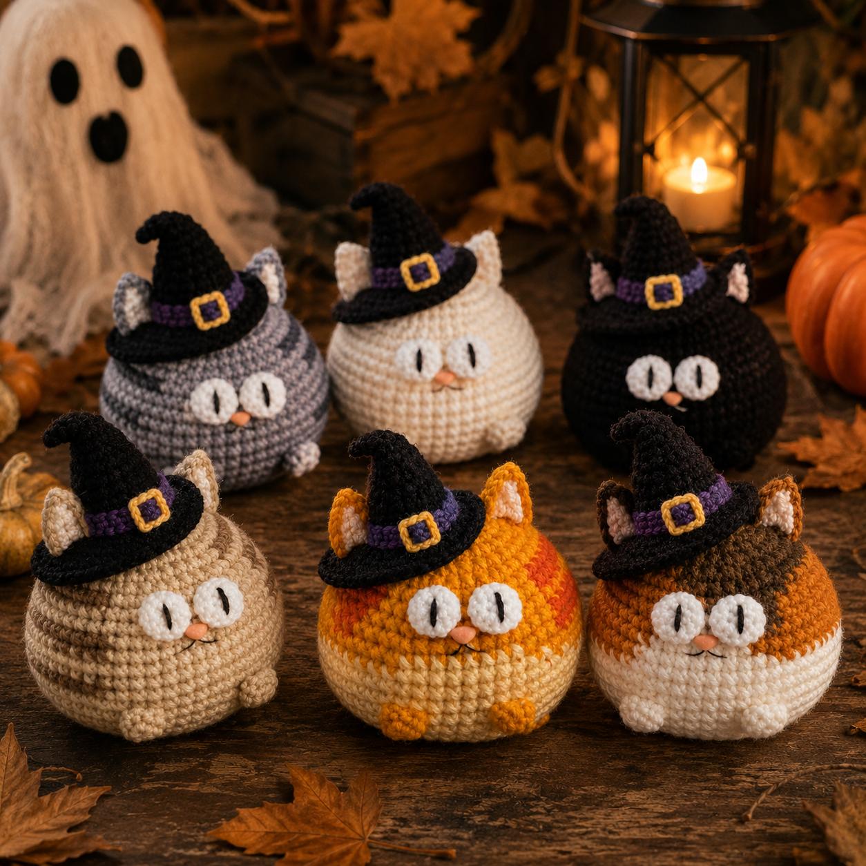 Handmade Crochet Halloween Witch Cat Plushie Collection | Spooky Cute Amigurumi Stuffed Animal Set