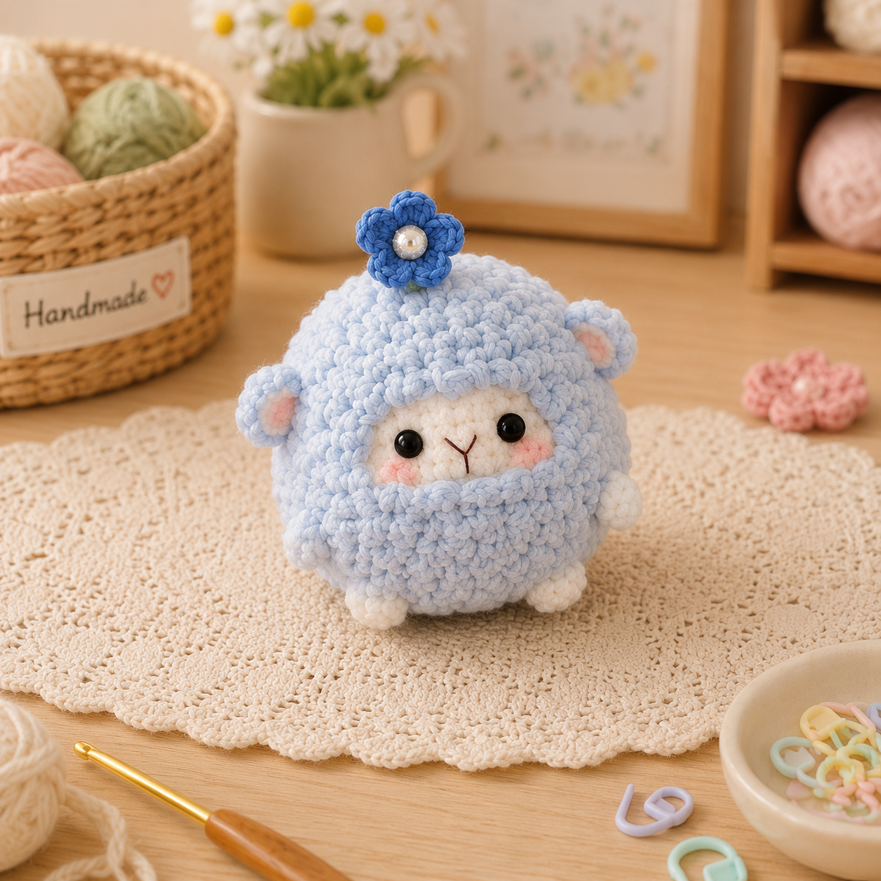 Handmade Crochet Fluffy Sheep with Flower Plushie Collection | Soft Velvet Amigurumi Stuffed Animal Set
