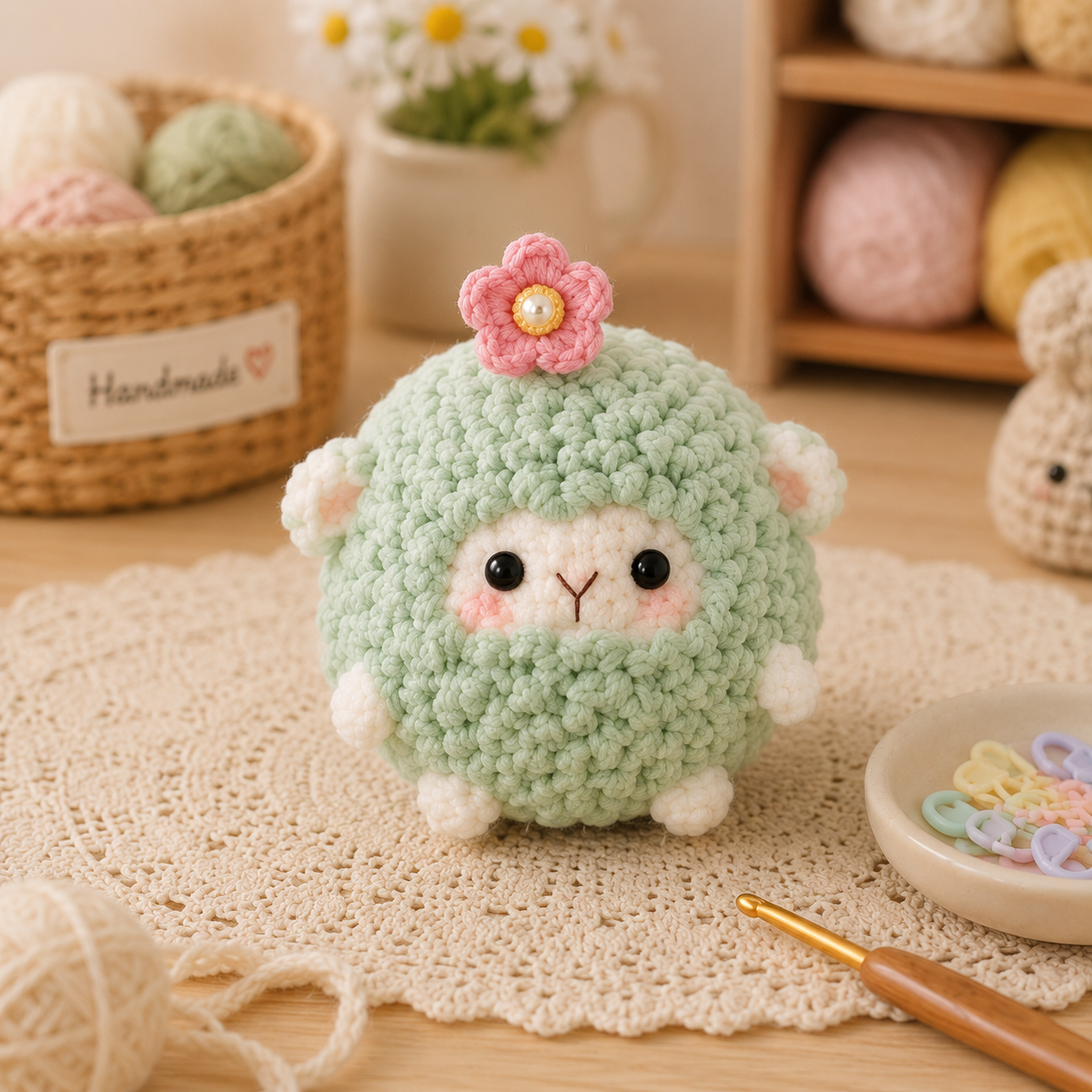 Handmade Crochet Fluffy Sheep with Flower Plushie Collection | Soft Velvet Amigurumi Stuffed Animal Set
