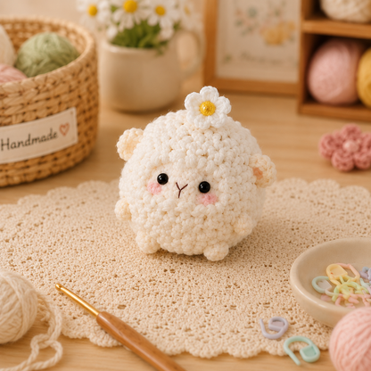 Handmade Crochet Fluffy Sheep with Flower Plushie Collection | Soft Velvet Amigurumi Stuffed Animal Set
