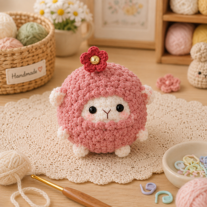 Handmade Crochet Fluffy Sheep with Flower Plushie Collection | Soft Velvet Amigurumi Stuffed Animal Set