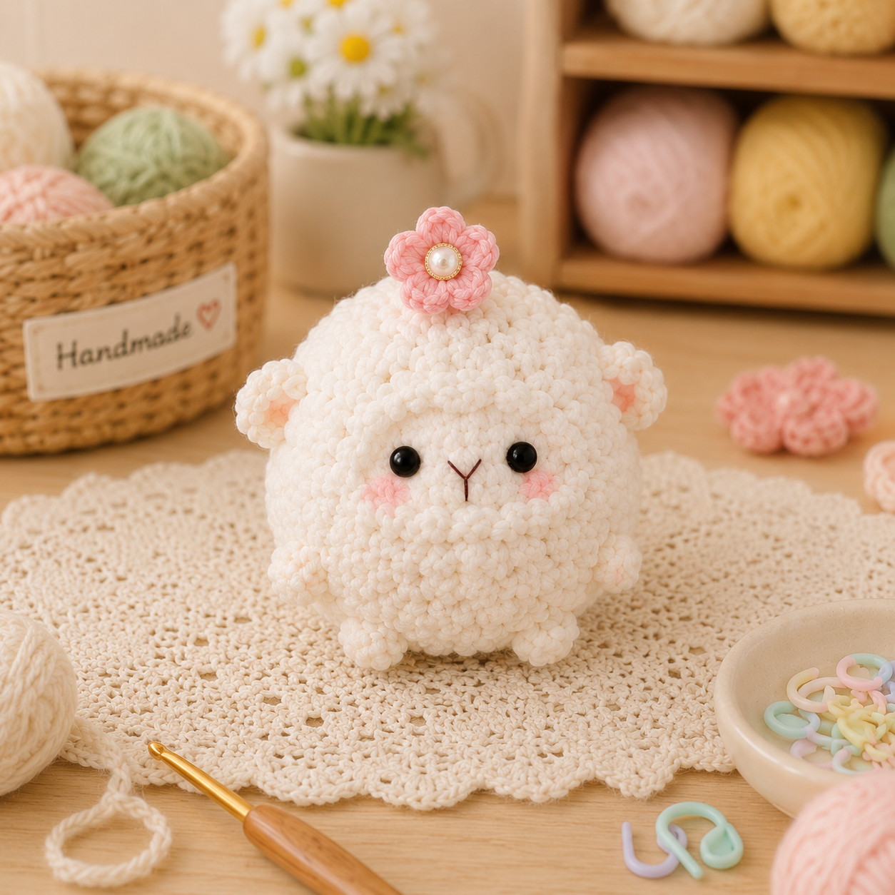 Handmade Crochet Fluffy Sheep with Flower Plushie Collection | Soft Velvet Amigurumi Stuffed Animal Set