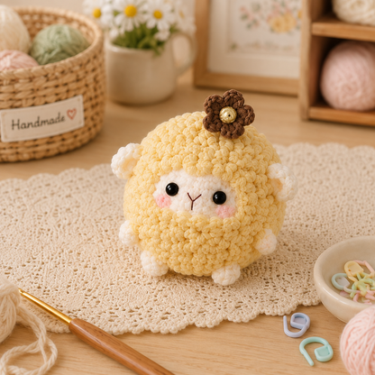 Handmade Crochet Fluffy Sheep with Flower Plushie Collection | Soft Velvet Amigurumi Stuffed Animal Set