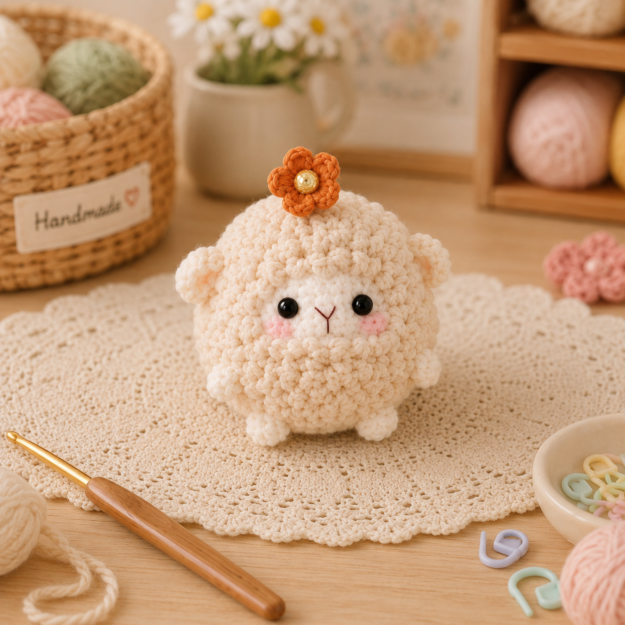 Handmade Crochet Fluffy Sheep with Flower Plushie Collection | Soft Velvet Amigurumi Stuffed Animal Set