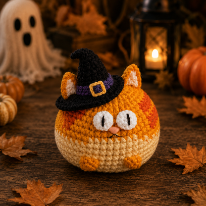 Handmade Crochet Halloween Witch Cat Plushie Collection | Spooky Cute Amigurumi Stuffed Animal Set