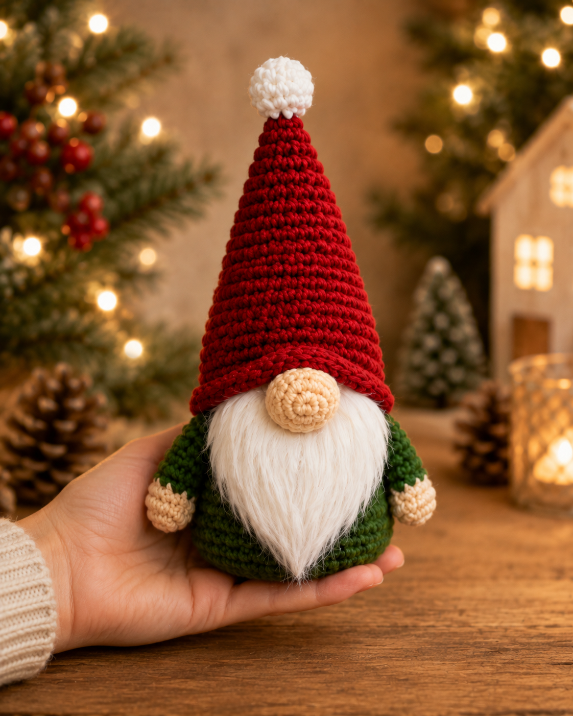 Festive Crochet Christmas Gnome Plushie | Handmade Amigurumi Holiday Tabletop Decor & Toy