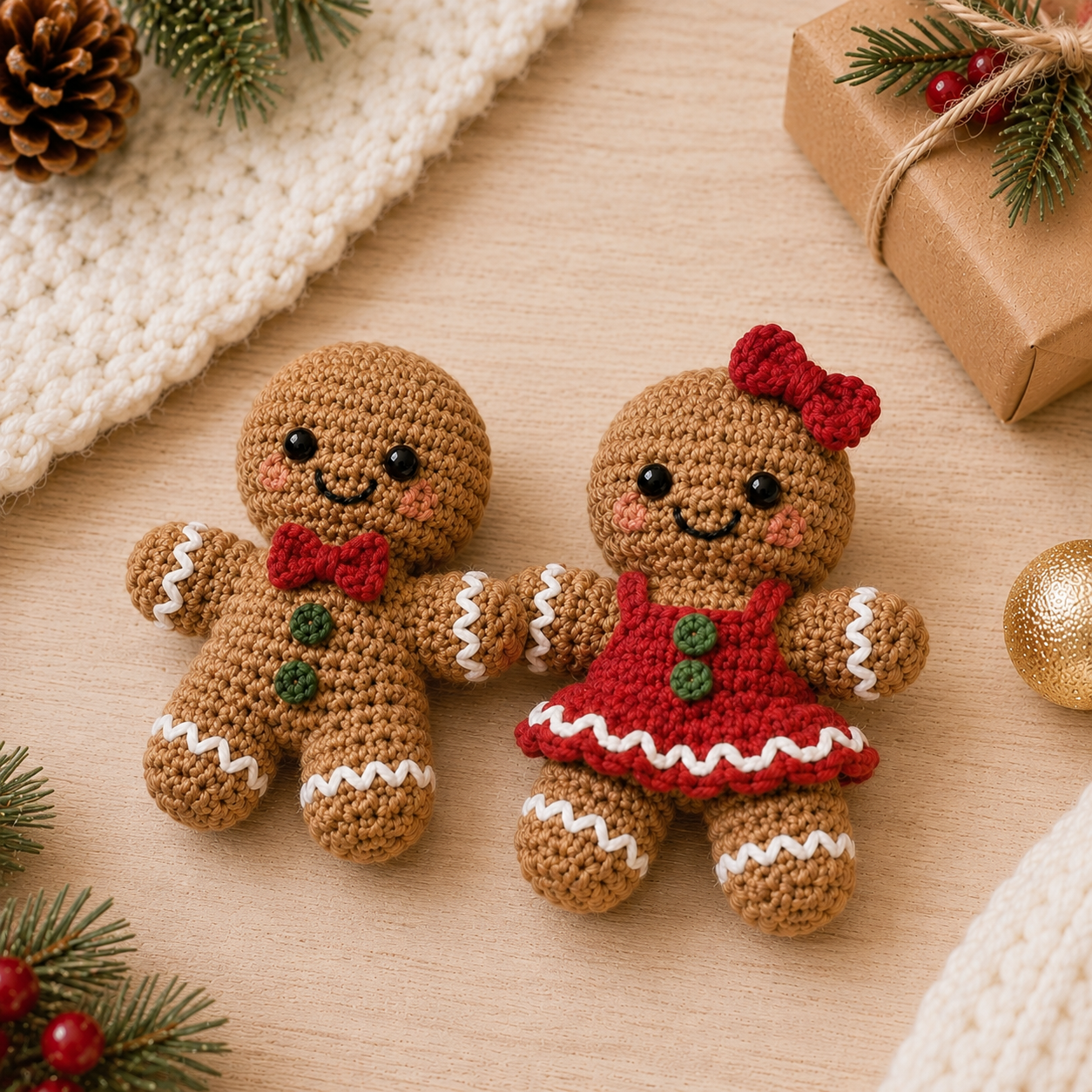 Festive Crochet Christmas Gingerbread Couple Keychains | Handmade Amigurumi Holiday Bag Charms