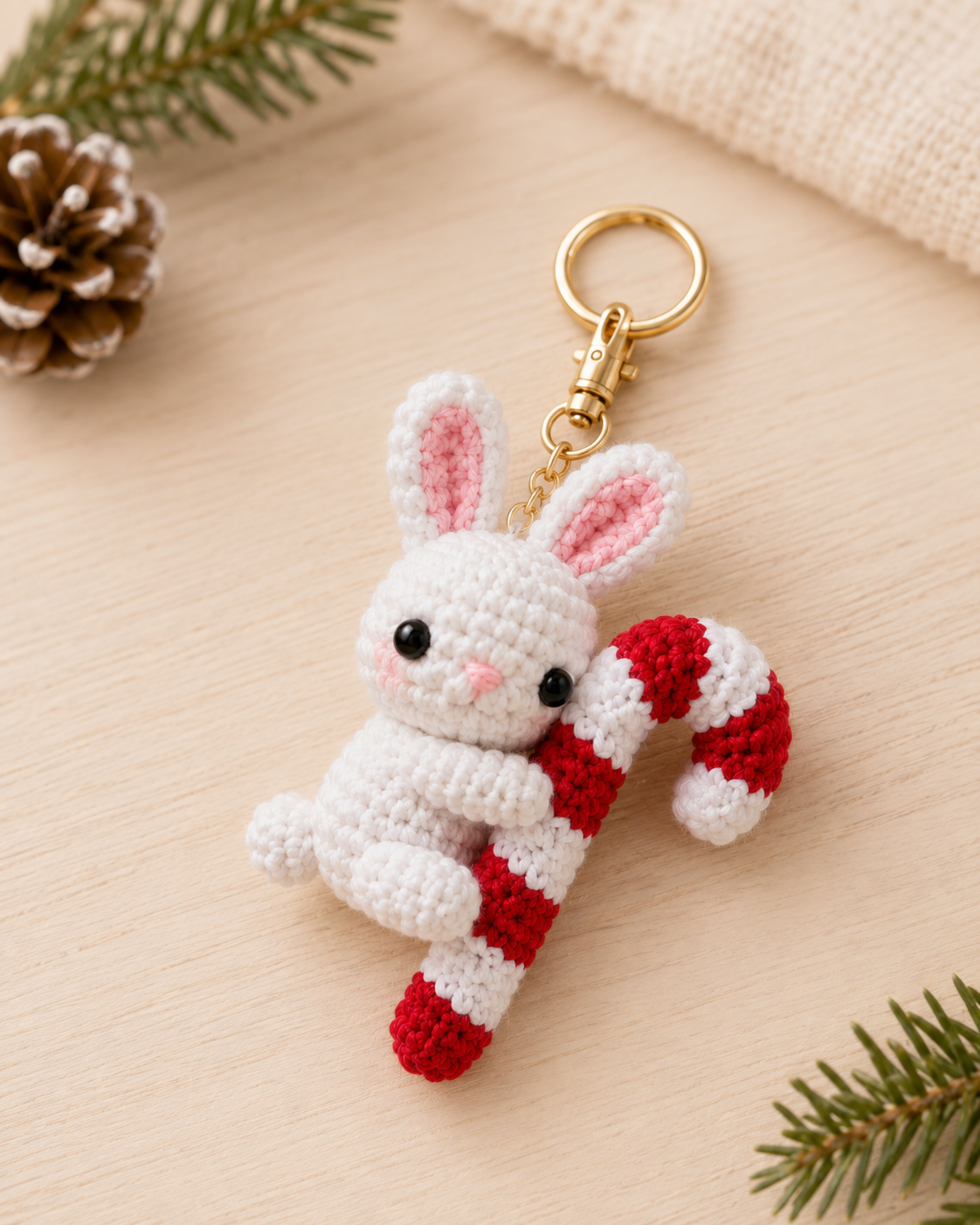 Festive Crochet Christmas Bunny Hugging Candy Cane Keychain | Handmade Amigurumi Holiday Bag Charm