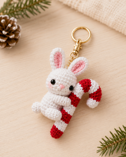 Festive Crochet Christmas Bunny Hugging Candy Cane Keychain | Handmade Amigurumi Holiday Bag Charm
