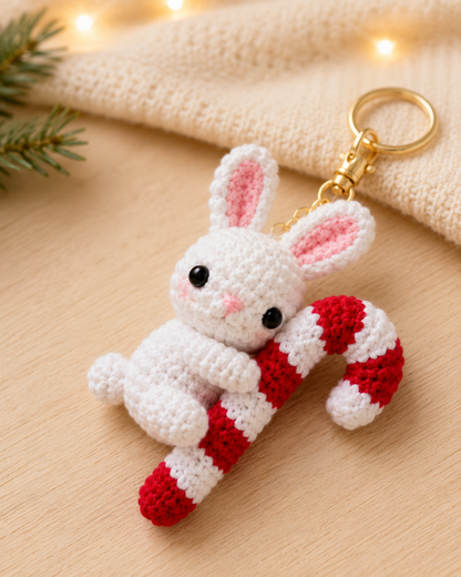 Festive Crochet Christmas Bunny Hugging Candy Cane Keychain | Handmade Amigurumi Holiday Bag Charm