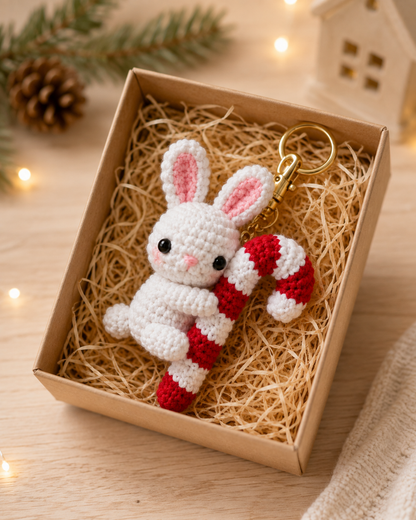 Festive Crochet Christmas Bunny Hugging Candy Cane Keychain | Handmade Amigurumi Holiday Bag Charm