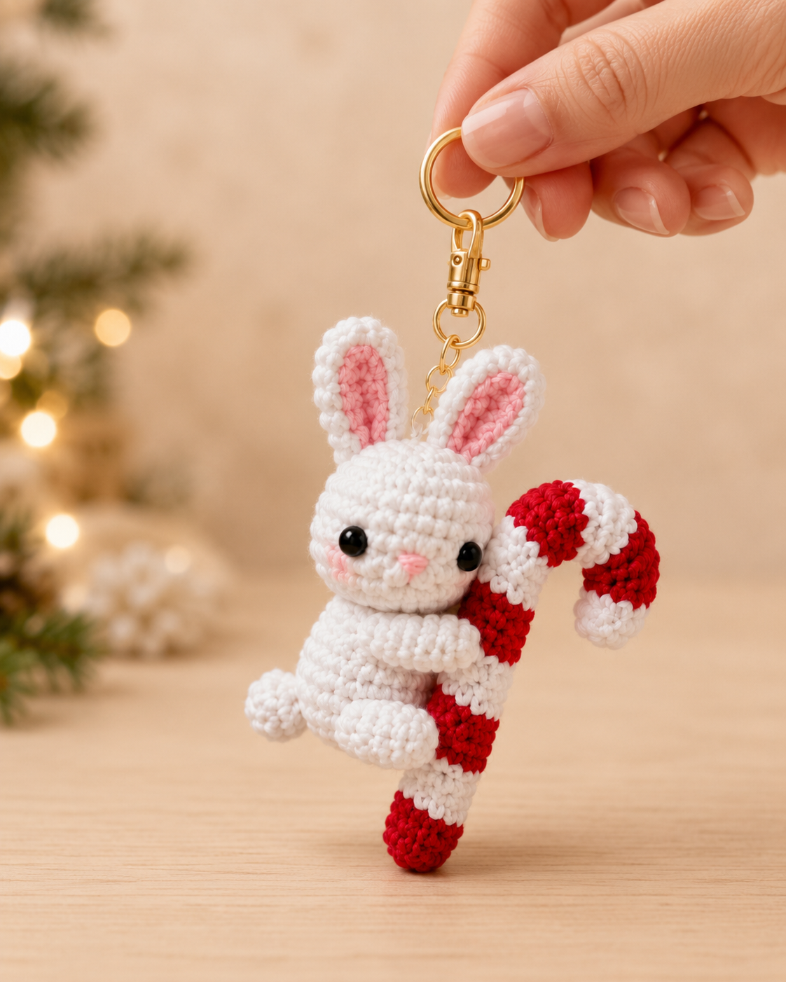 Festive Crochet Christmas Bunny Hugging Candy Cane Keychain | Handmade Amigurumi Holiday Bag Charm