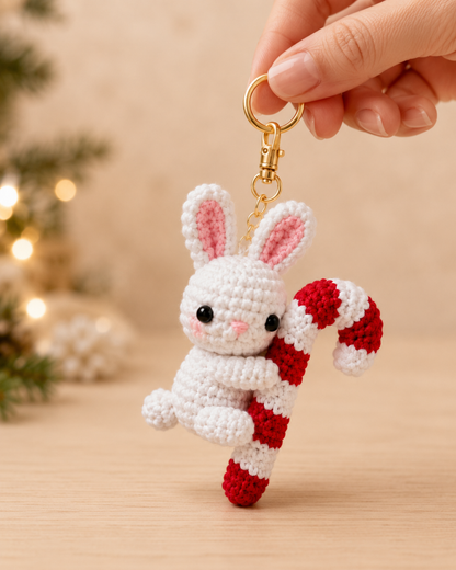 Festive Crochet Christmas Bunny Hugging Candy Cane Keychain | Handmade Amigurumi Holiday Bag Charm