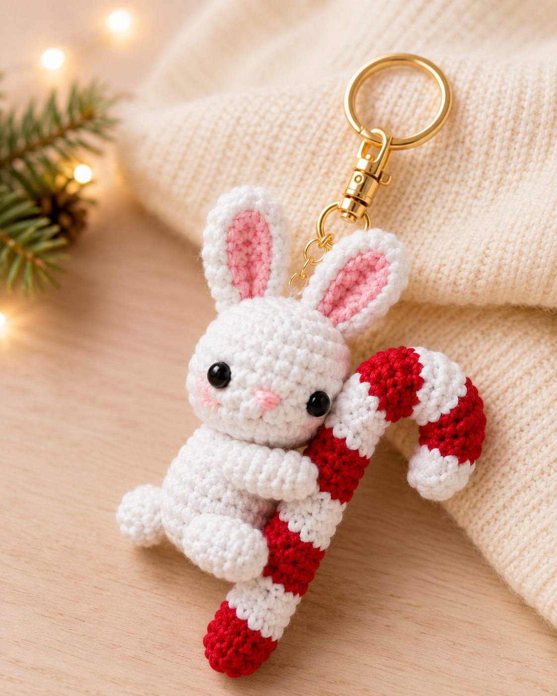 Festive Crochet Christmas Bunny Hugging Candy Cane Keychain | Handmade Amigurumi Holiday Bag Charm