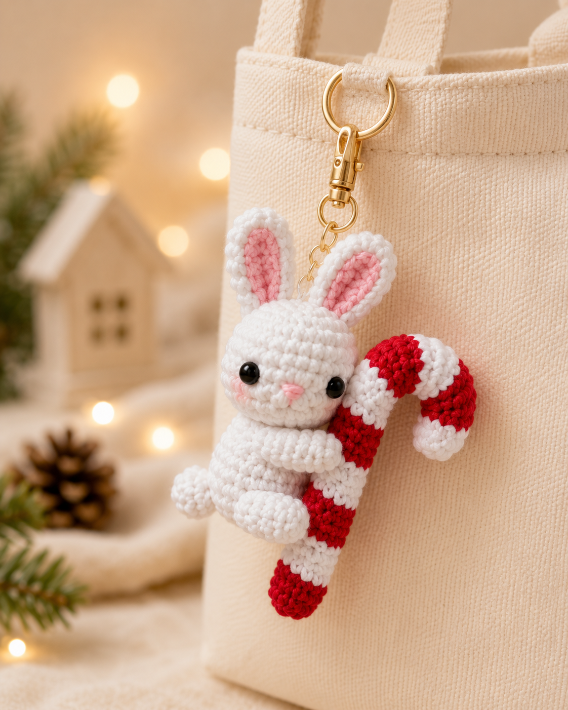 Festive Crochet Christmas Bunny Hugging Candy Cane Keychain | Handmade Amigurumi Holiday Bag Charm