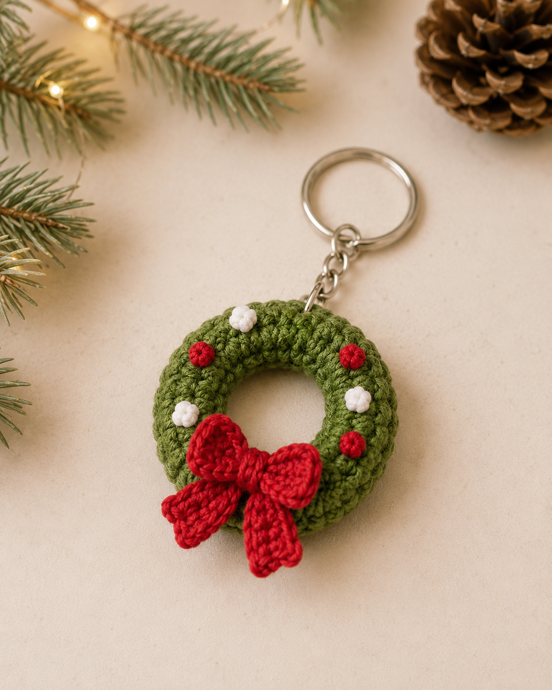 Festive Crochet Christmas Wreath Keychain | Handmade Amigurumi Holiday Bag Charm & Keyring