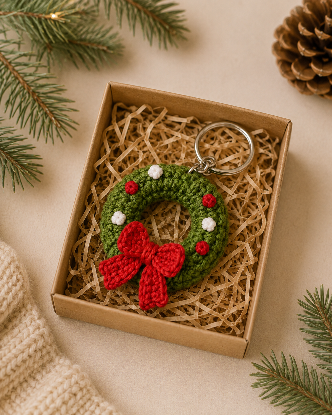 Festive Crochet Christmas Wreath Keychain | Handmade Amigurumi Holiday Bag Charm & Keyring
