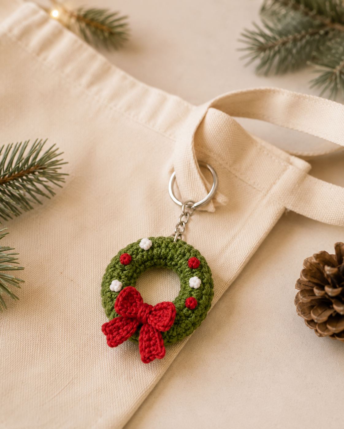 Festive Crochet Christmas Wreath Keychain | Handmade Amigurumi Holiday Bag Charm & Keyring