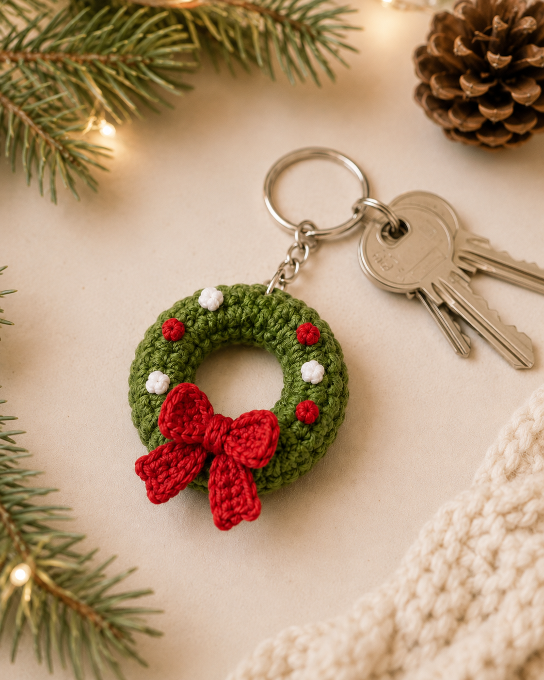 Festive Crochet Christmas Wreath Keychain | Handmade Amigurumi Holiday Bag Charm & Keyring