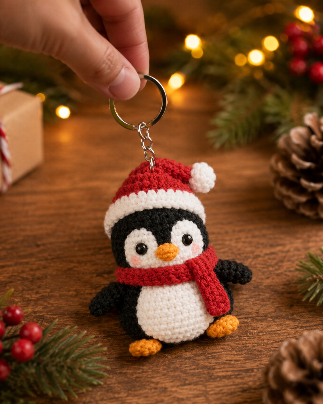 Festive Crochet Christmas Penguin Keychain | Handmade Amigurumi Holiday Bag Charm & Keyring