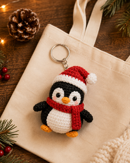 Festive Crochet Christmas Penguin Keychain | Handmade Amigurumi Holiday Bag Charm & Keyring