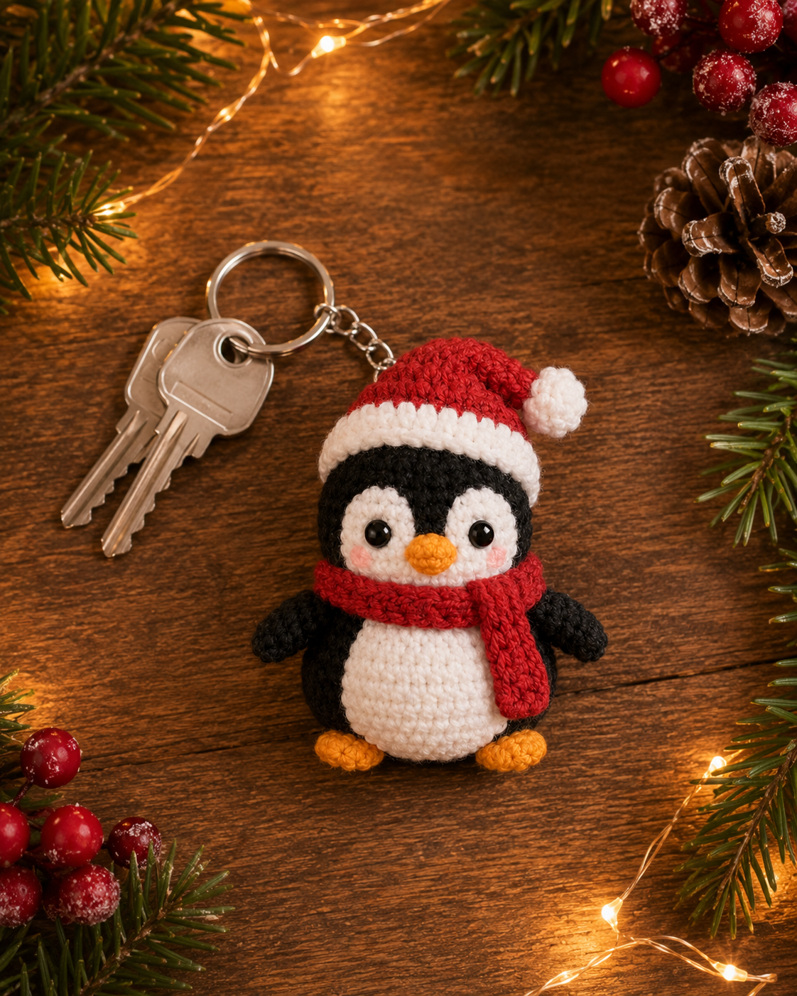 Festive Crochet Christmas Penguin Keychain | Handmade Amigurumi Holiday Bag Charm & Keyring