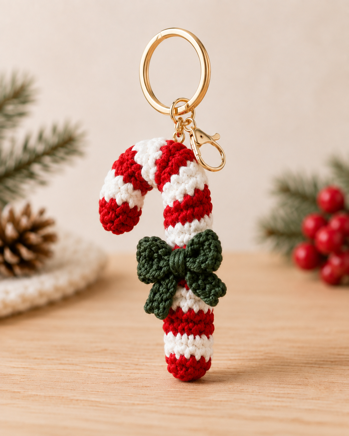 Festive Crochet Candy Cane Keychain | Handmade Amigurumi Christmas Bag Charm & Keyring