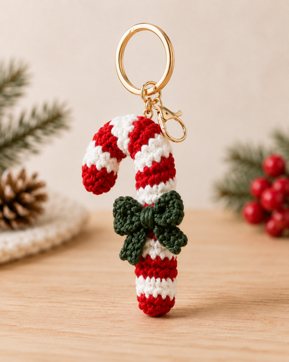Festive Crochet Candy Cane Keychain | Handmade Amigurumi Christmas Bag Charm & Keyring